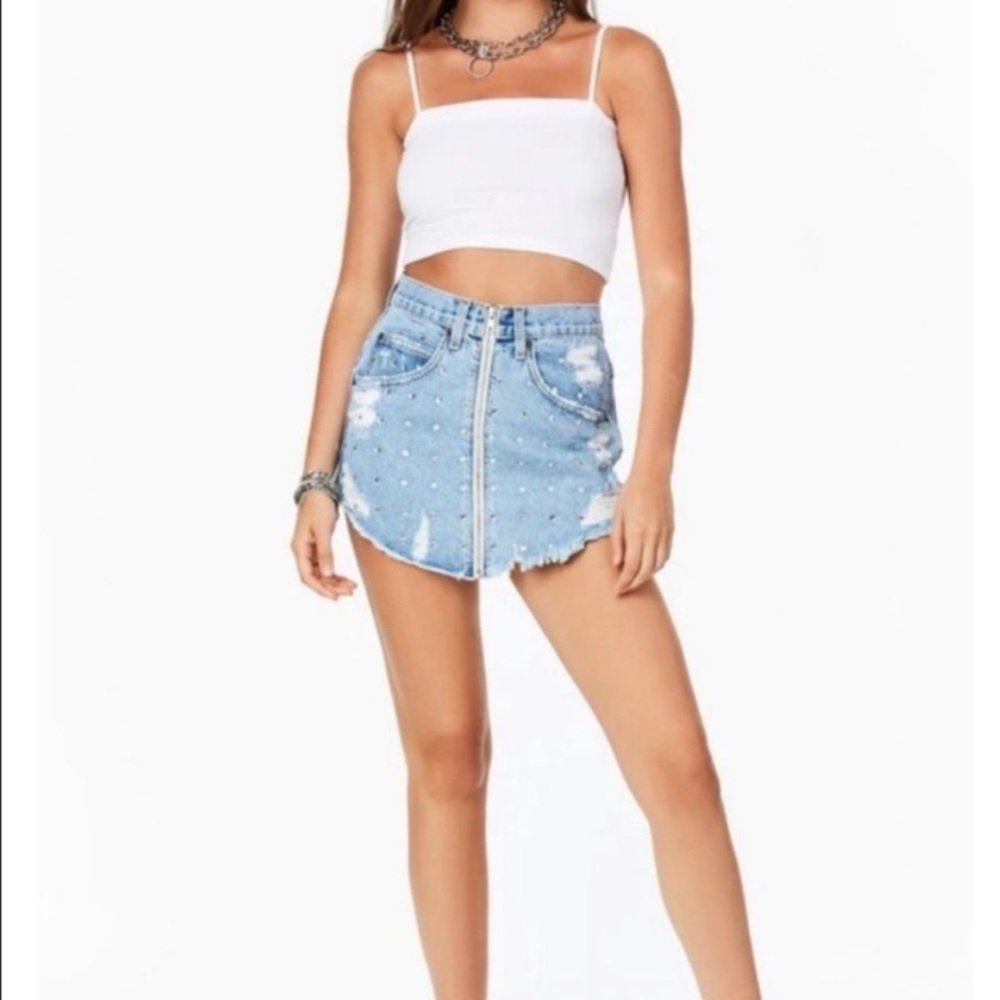 Carmar Denim Belinda Rhinestone Zip Front Mini Skirt Size 25 - Picture 2 of 5